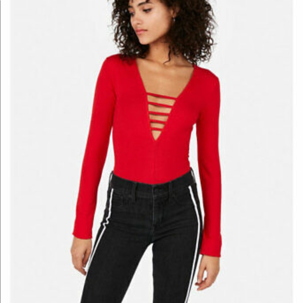 Express Long Sleeve Red Strappy Bodysuit